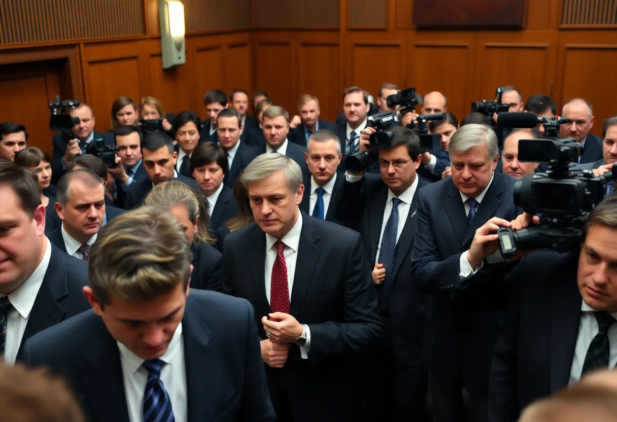 Courtroom filled with legal professionals and media