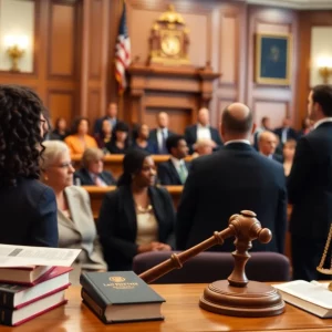 Abstract depiction of courtroom justice and community engagement
