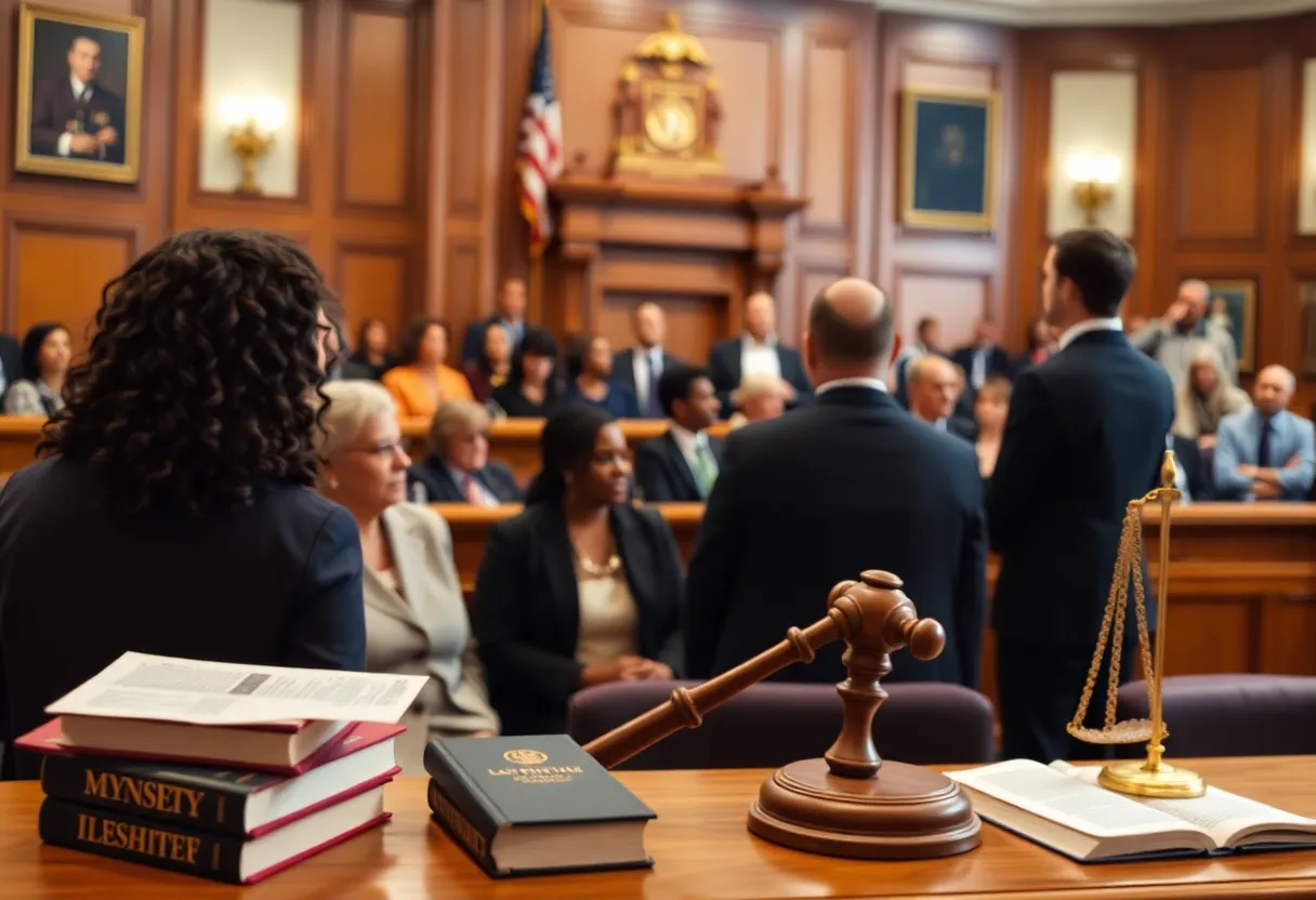 Abstract depiction of courtroom justice and community engagement