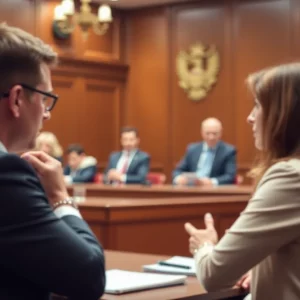 A courtroom scene illustrating a legal discussion on government negligence.