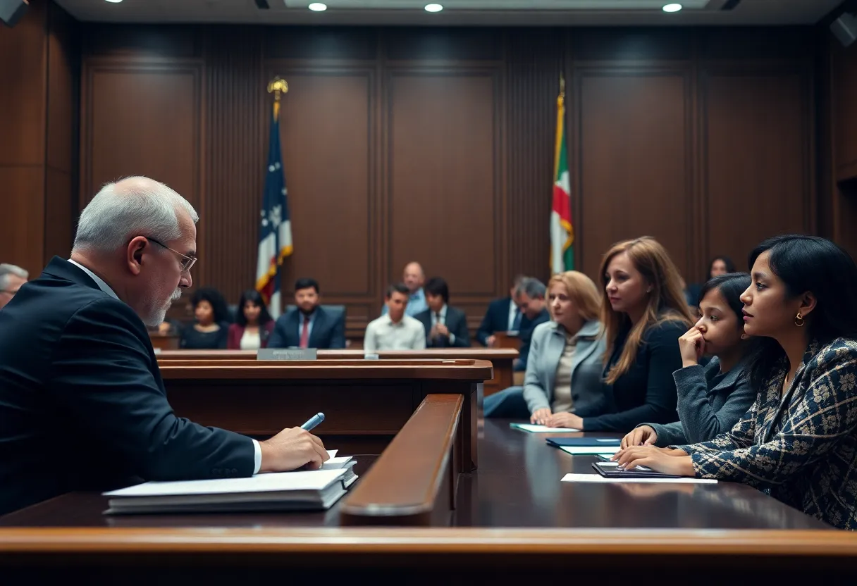 A courtroom setting with a judge and lawyers discussing a deportation case