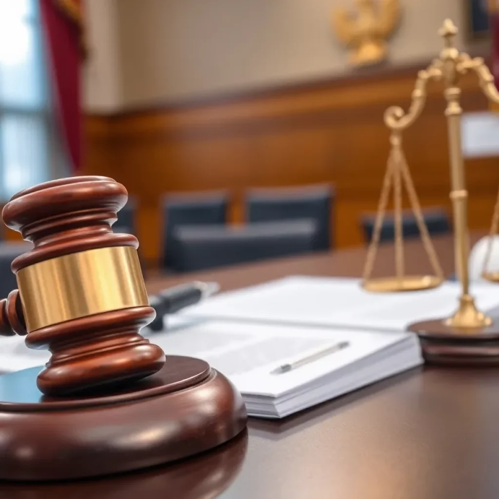 A scene depicting a courtroom with legal documents and gavel
