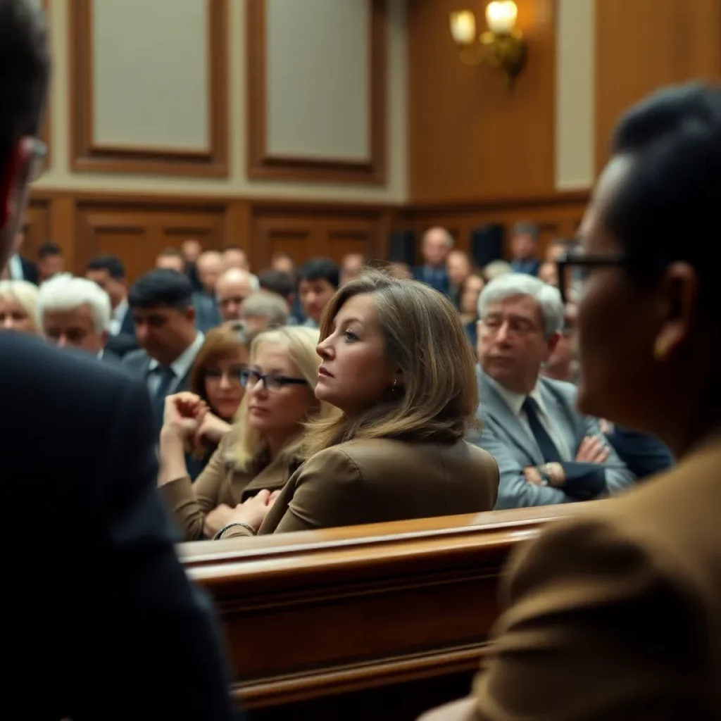 Diverse audience reactions in a courtroom during a high-profile legal case.