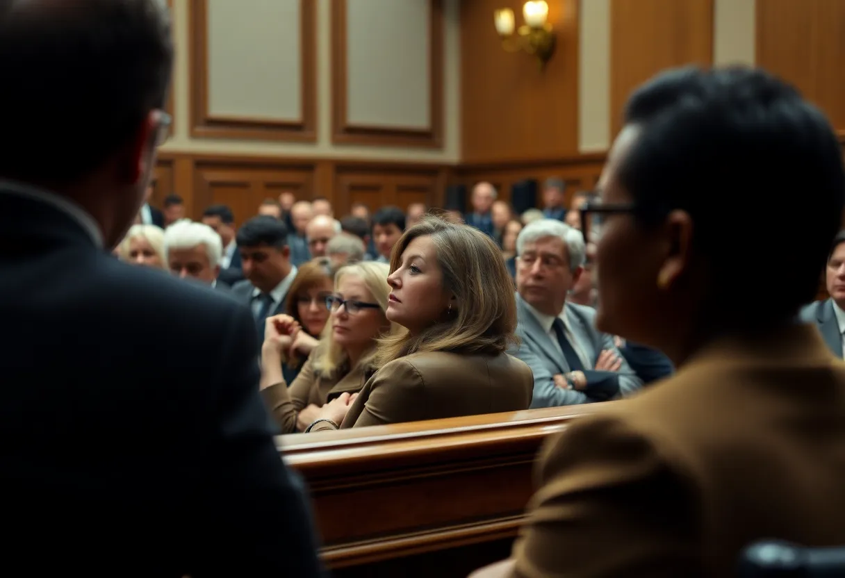 Diverse audience reactions in a courtroom during a high-profile legal case.