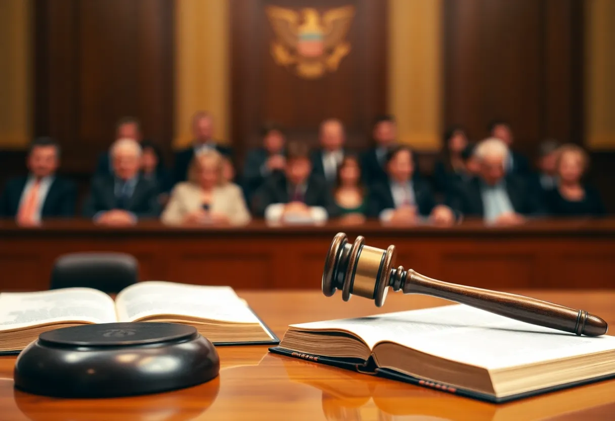 Artistic representation of a courtroom during a high-profile trial