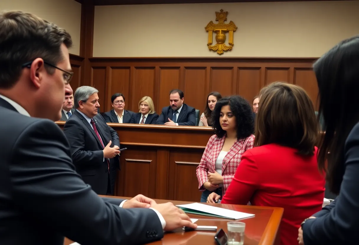 Diverse individuals in a courtroom discussing legal matters