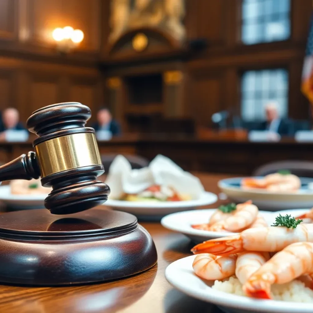 Courtroom setting with seafood dishes related to shrimp lawsuit