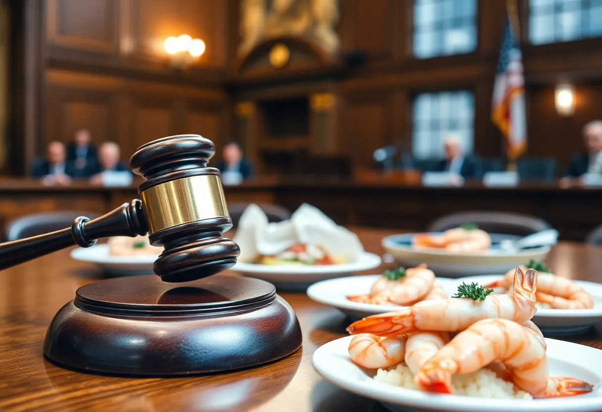 Courtroom setting with seafood dishes related to shrimp lawsuit