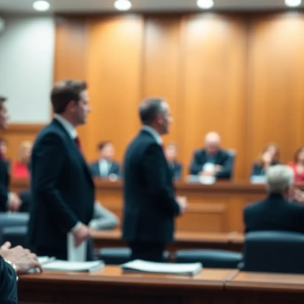 Blurred courtroom scene depicting legal professionals