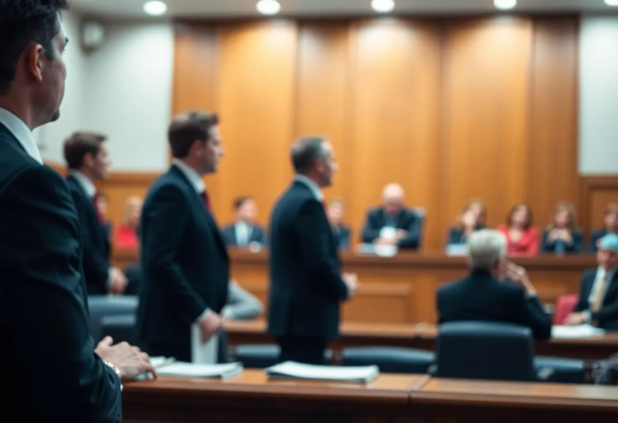 Blurred courtroom scene depicting legal professionals