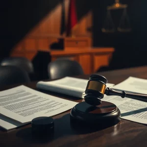 A courtroom depicting the theme of justice amidst authoritarianism