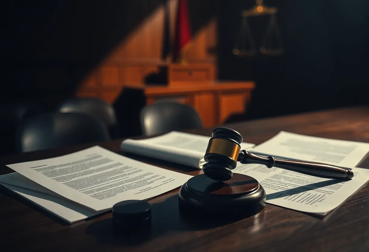 A courtroom depicting the theme of justice amidst authoritarianism