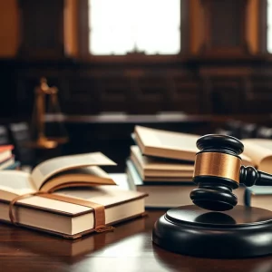 Illustration of a courtroom with law books and a gavel