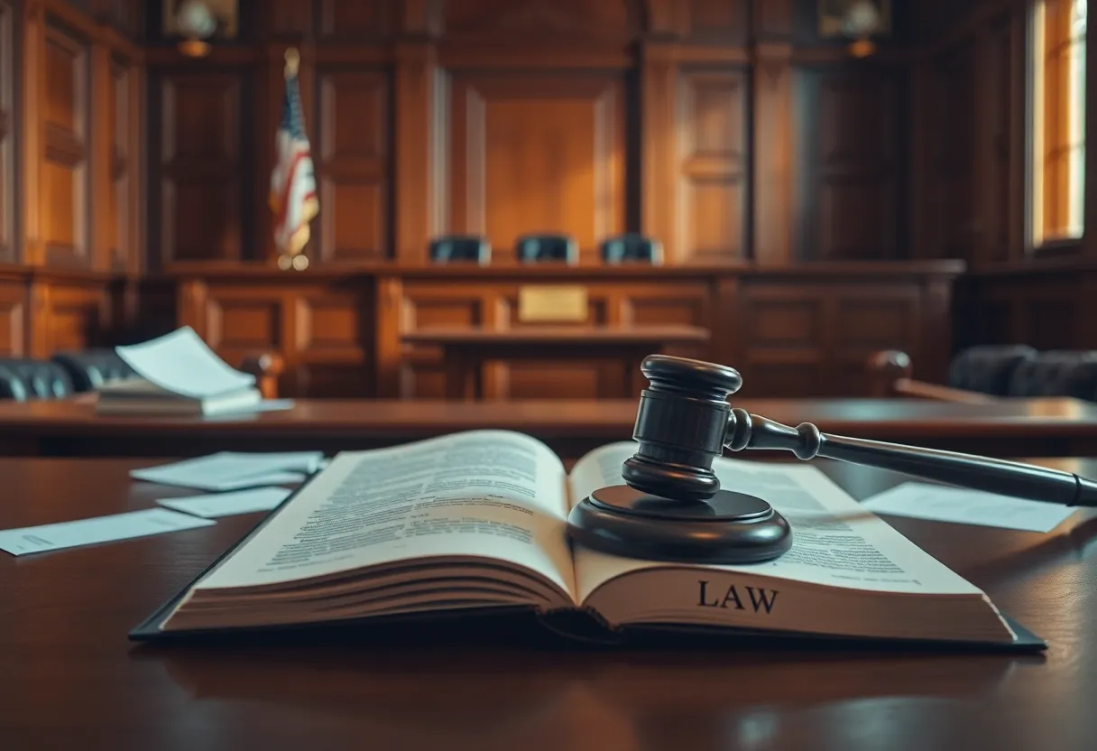 Empty courtroom with legal documents and a gavel