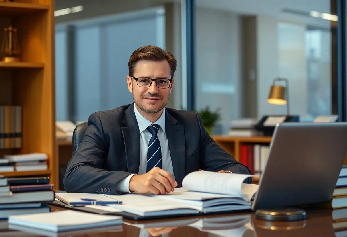 A dedicated lawyer in her office, highlighting a significant career milestone.
