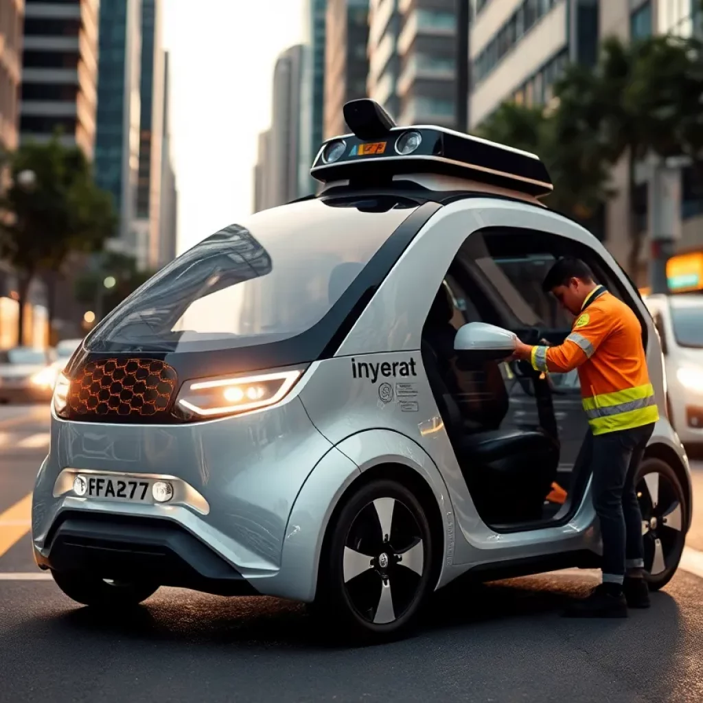 Urban scene with autonomous vehicle and safety inspection