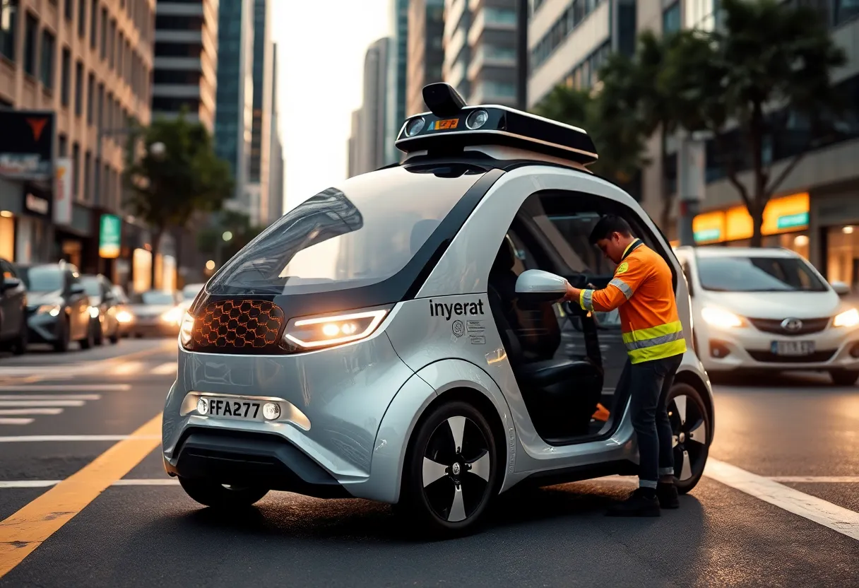 Urban scene with autonomous vehicle and safety inspection