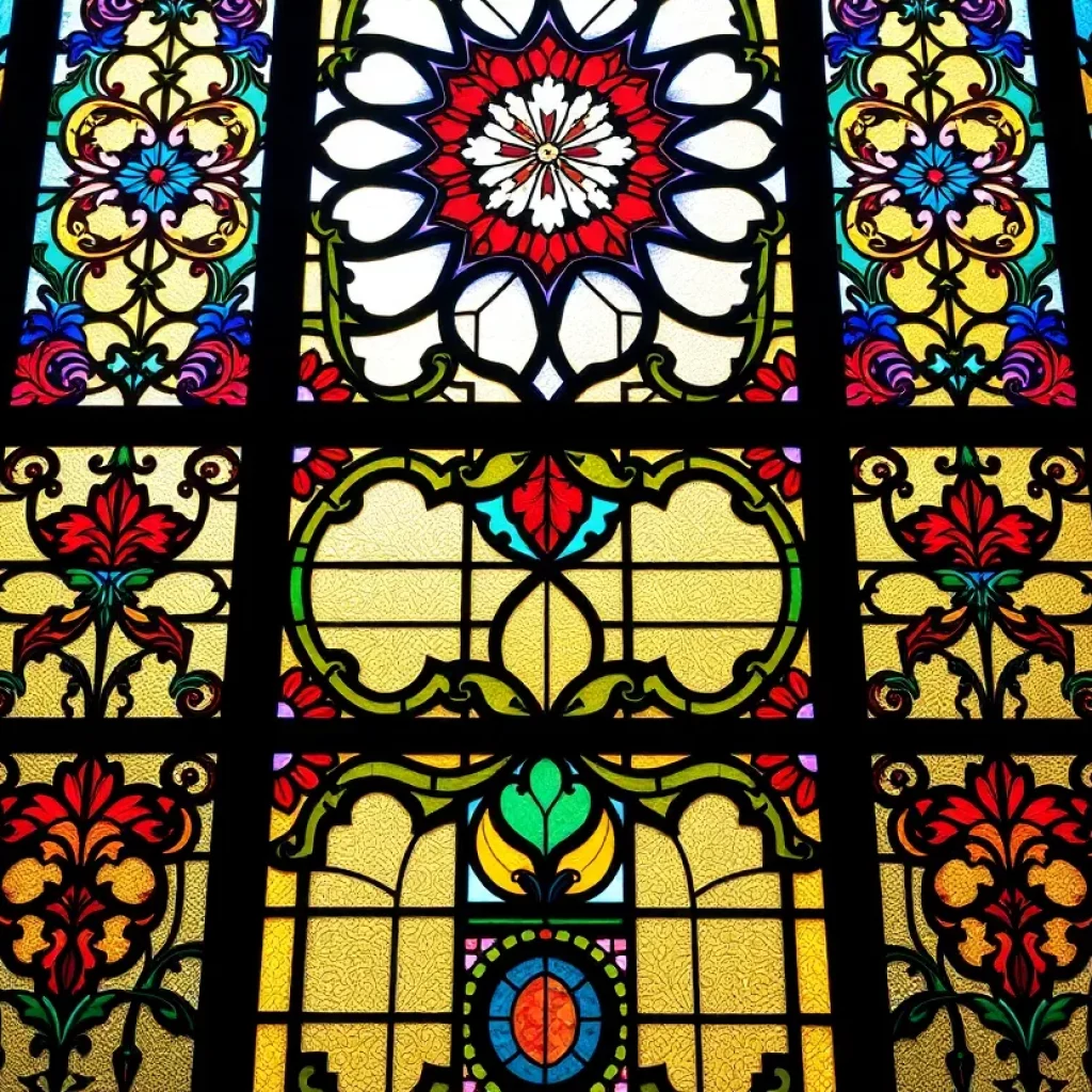 Vibrant stained glass window with intricate designs