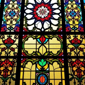 Vibrant stained glass window with intricate designs
