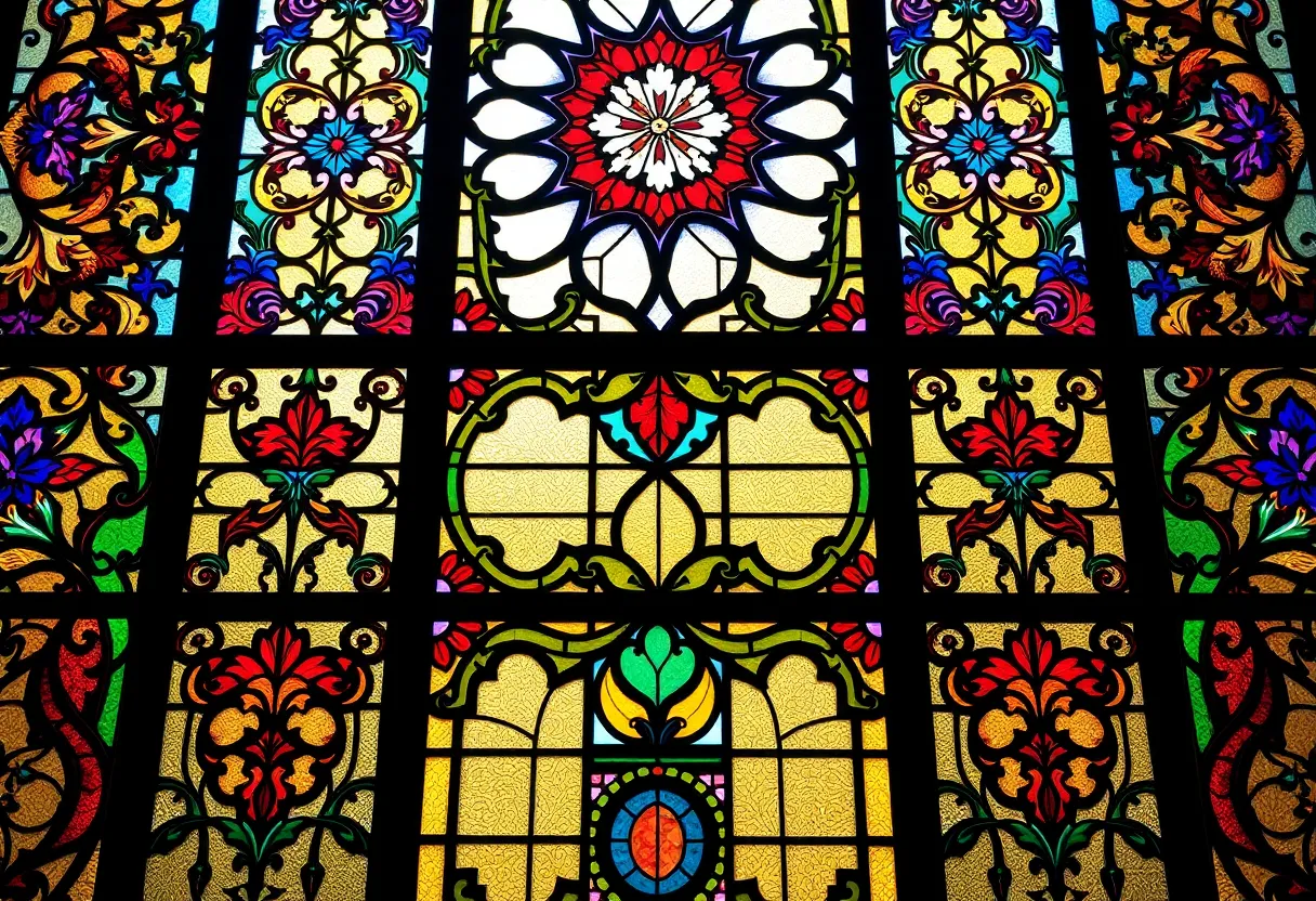 Vibrant stained glass window with intricate designs