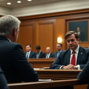 Courtroom scene depicting a serious discussion on death penalty appeals