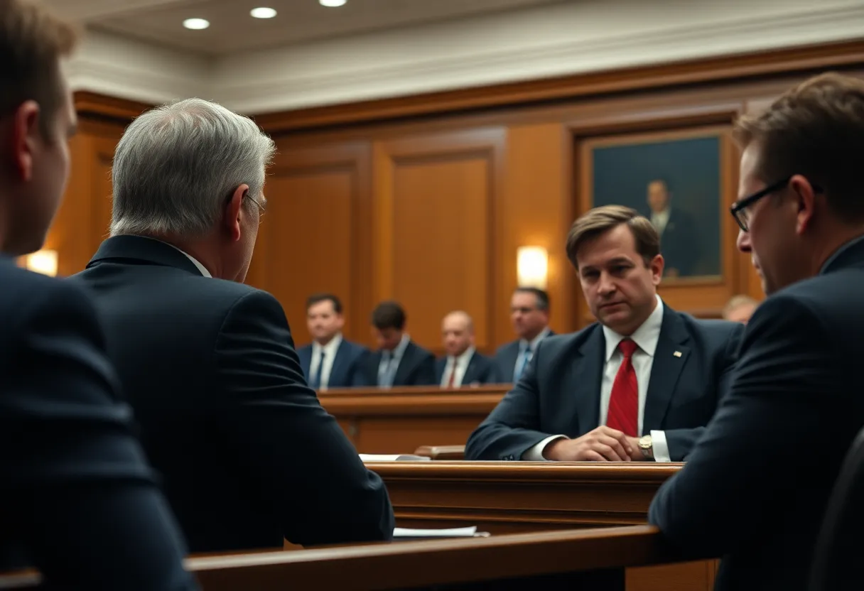 Courtroom scene depicting a serious discussion on death penalty appeals
