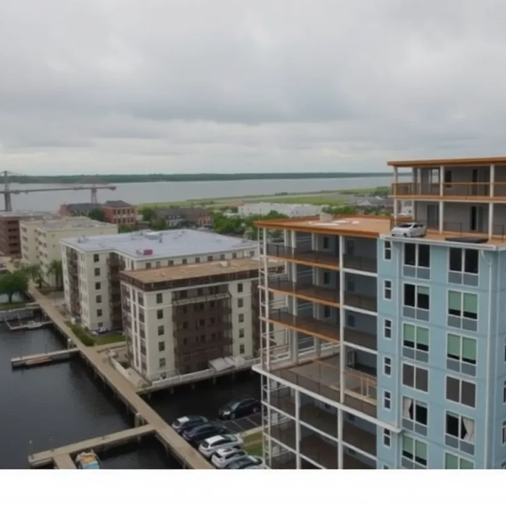 Aerial view of Dockside Apartments highlighting construction and repair work.