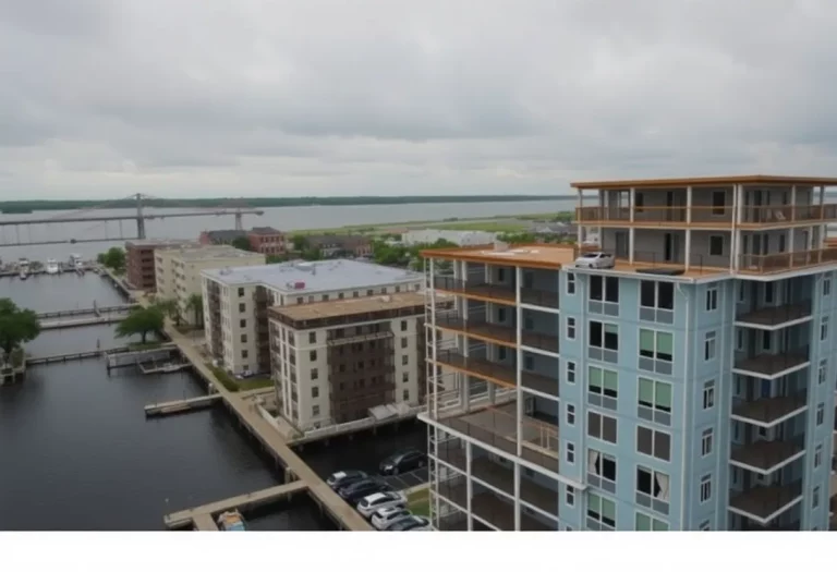 Aerial view of Dockside Apartments highlighting construction and repair work.