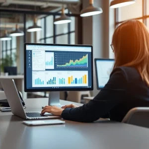 Marketer using email marketing automation software in a modern office.