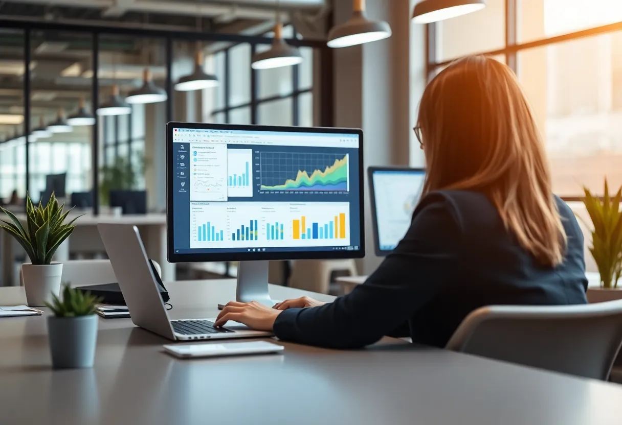 Marketer using email marketing automation software in a modern office.
