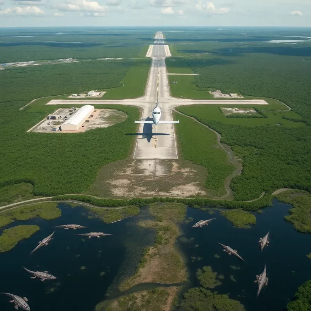 Aerial view of the Everglades with an abandoned airstrip and wildlife.