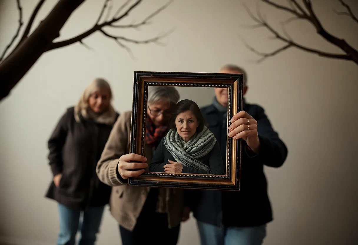 A family gathering showing a photo frame of a late family member.