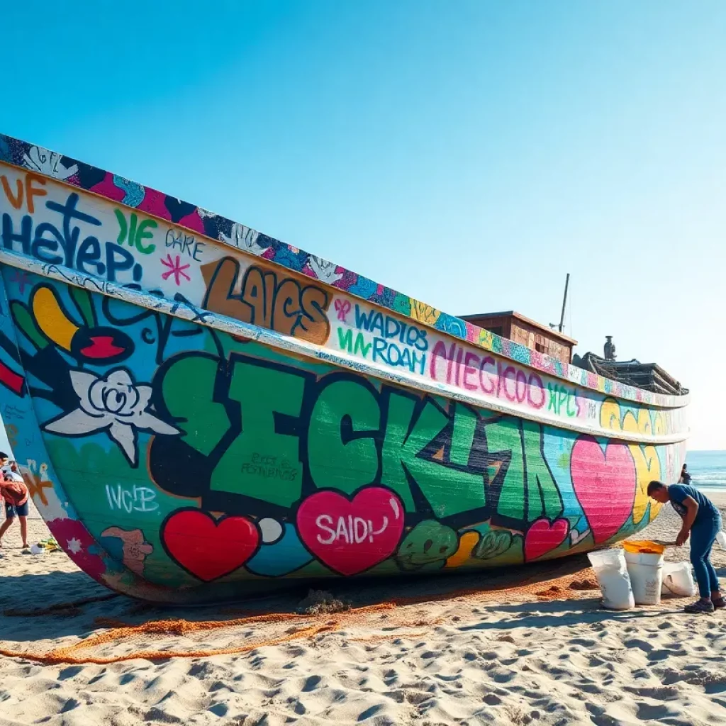 Community members painting the Graffiti Boat in Folly Beach