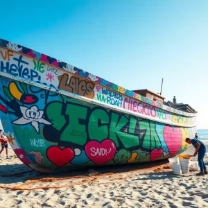 Community members painting the Graffiti Boat in Folly Beach