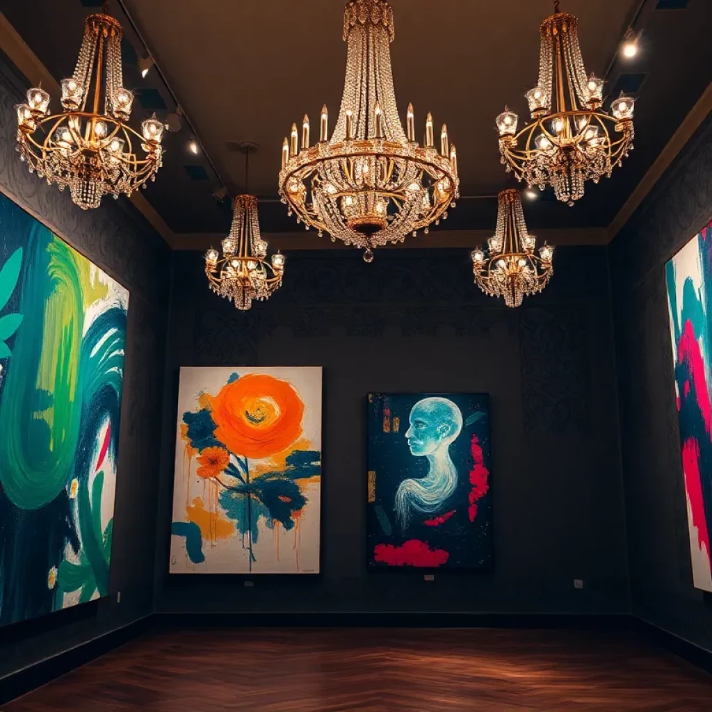 Art installation at Halsey Institute with chandeliers and abstract paintings