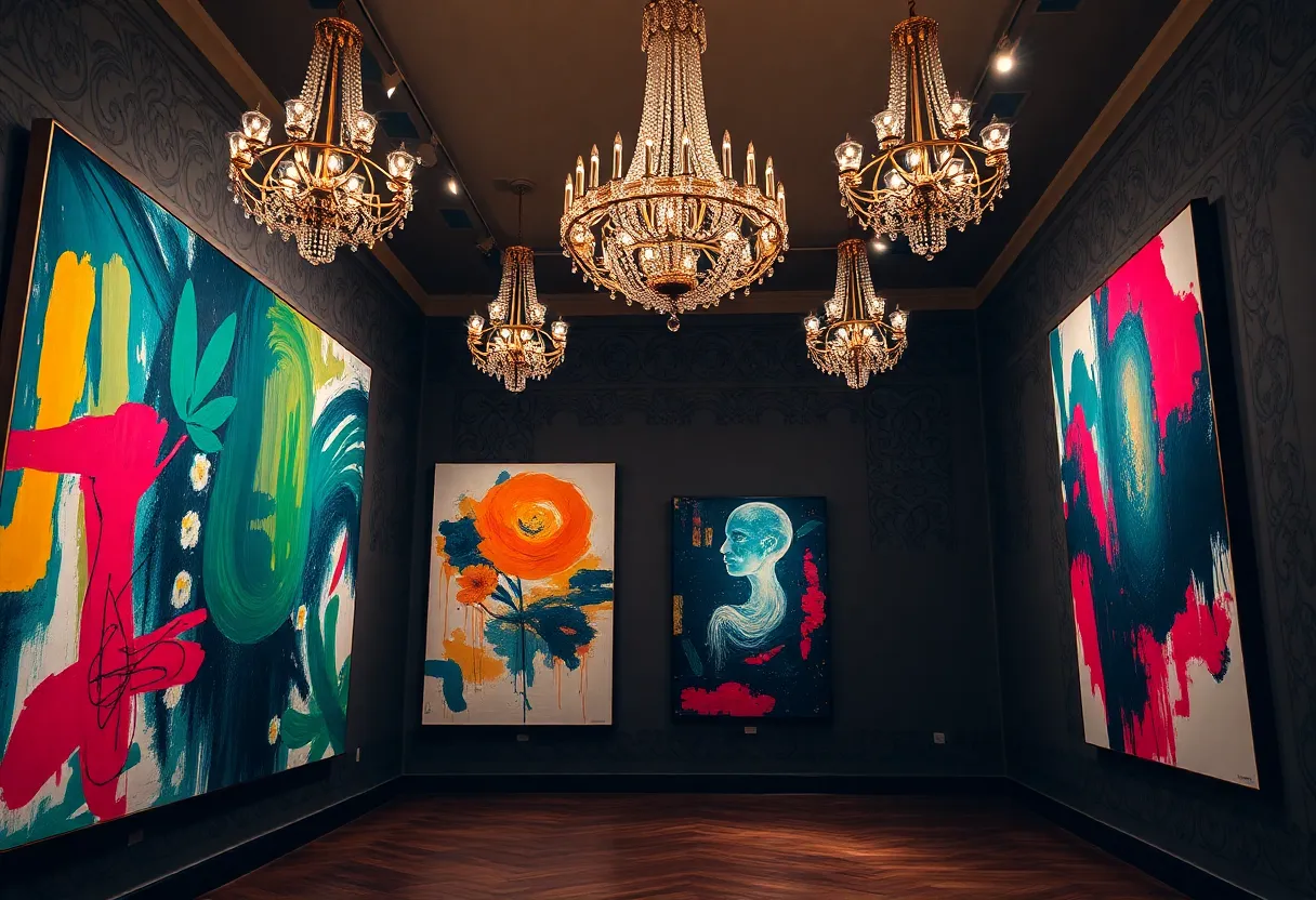 Art installation at Halsey Institute with chandeliers and abstract paintings