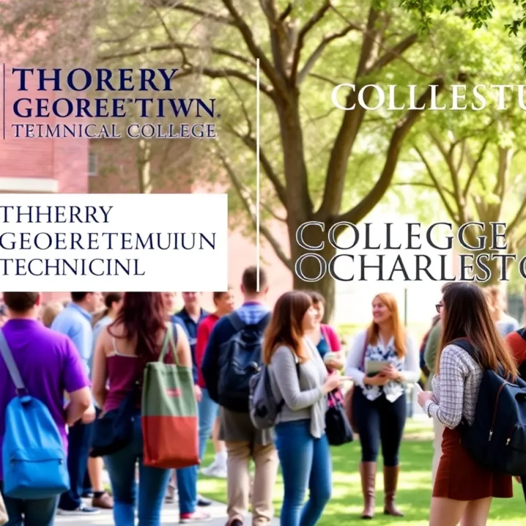 Students on campus discussing academic pathways related to HGTC and College of Charleston transfer agreement.