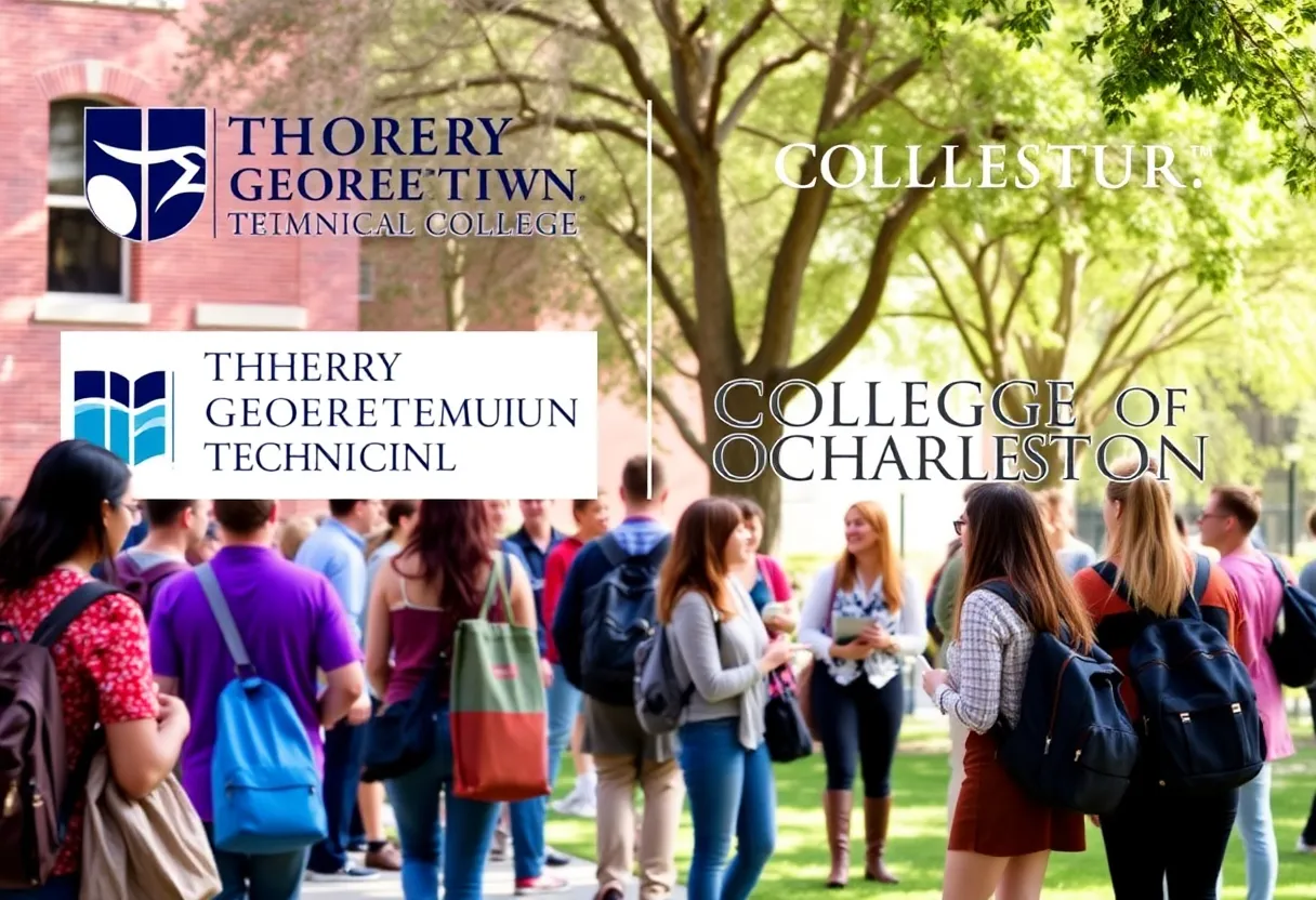Students on campus discussing academic pathways related to HGTC and College of Charleston transfer agreement.