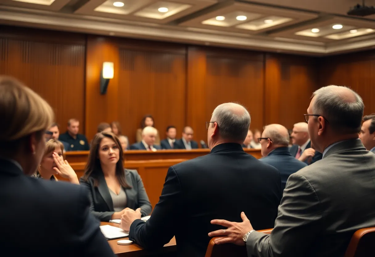 Scene from a high-profile courtroom trial with engaged jurors and lawyers