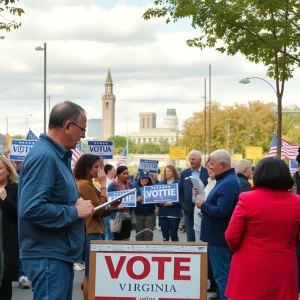 Voters participating in the Virginia elections surrounded by campaign signs.