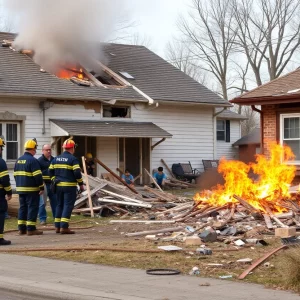 Aftermath of a house explosion in Lexington, showing damaged property