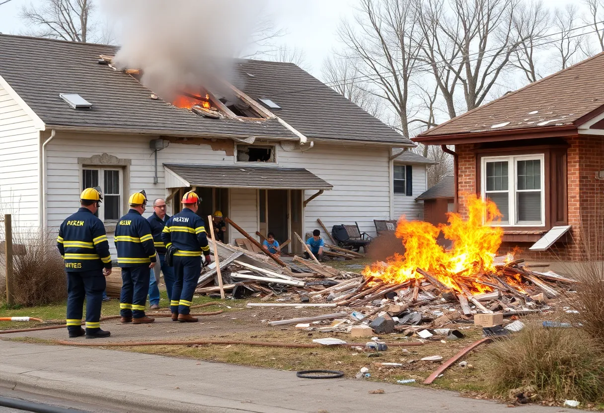 Aftermath of a house explosion in Lexington, showing damaged property