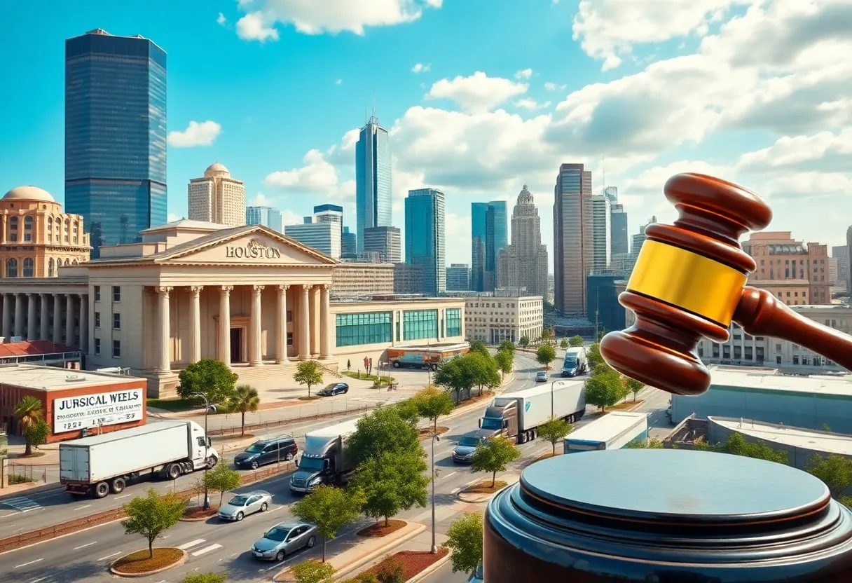 Illustration of a bustling Houston skyline symbolizing justice in truck accident lawsuits.