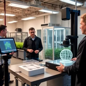 Professionals using advanced agricultural technology in a lab