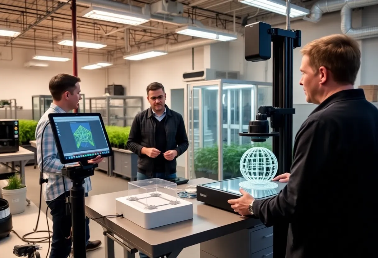 Professionals using advanced agricultural technology in a lab