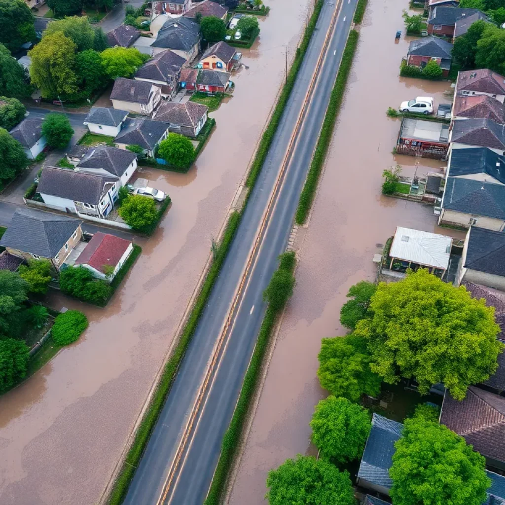 Aerial view of flooding on Folly Road with residential homes in the background