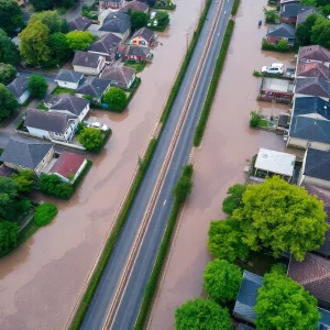 Aerial view of flooding on Folly Road with residential homes in the background