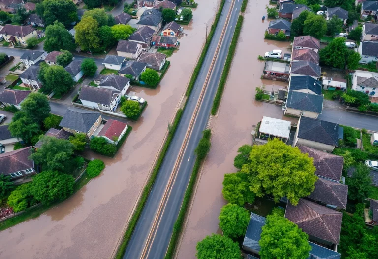 Aerial view of flooding on Folly Road with residential homes in the background