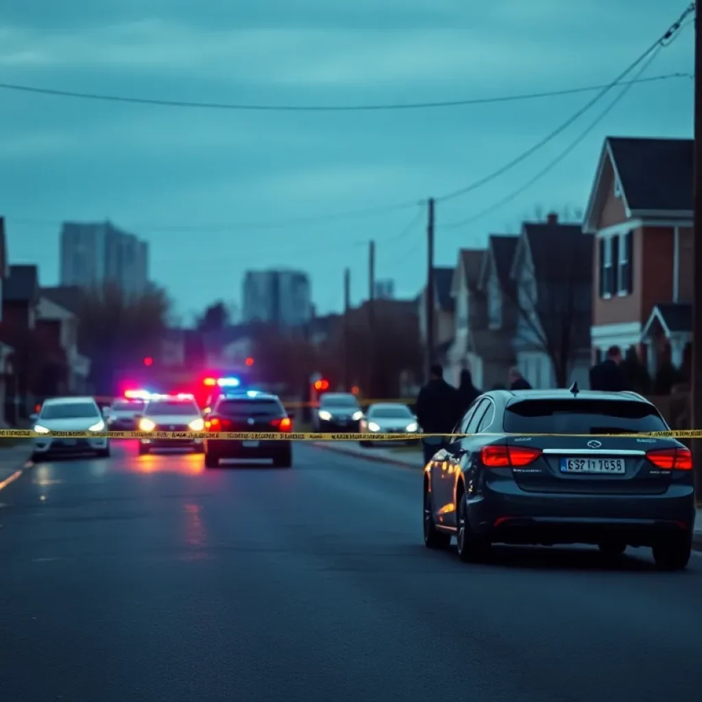 Police lights illuminating a residential street after a shooting incident