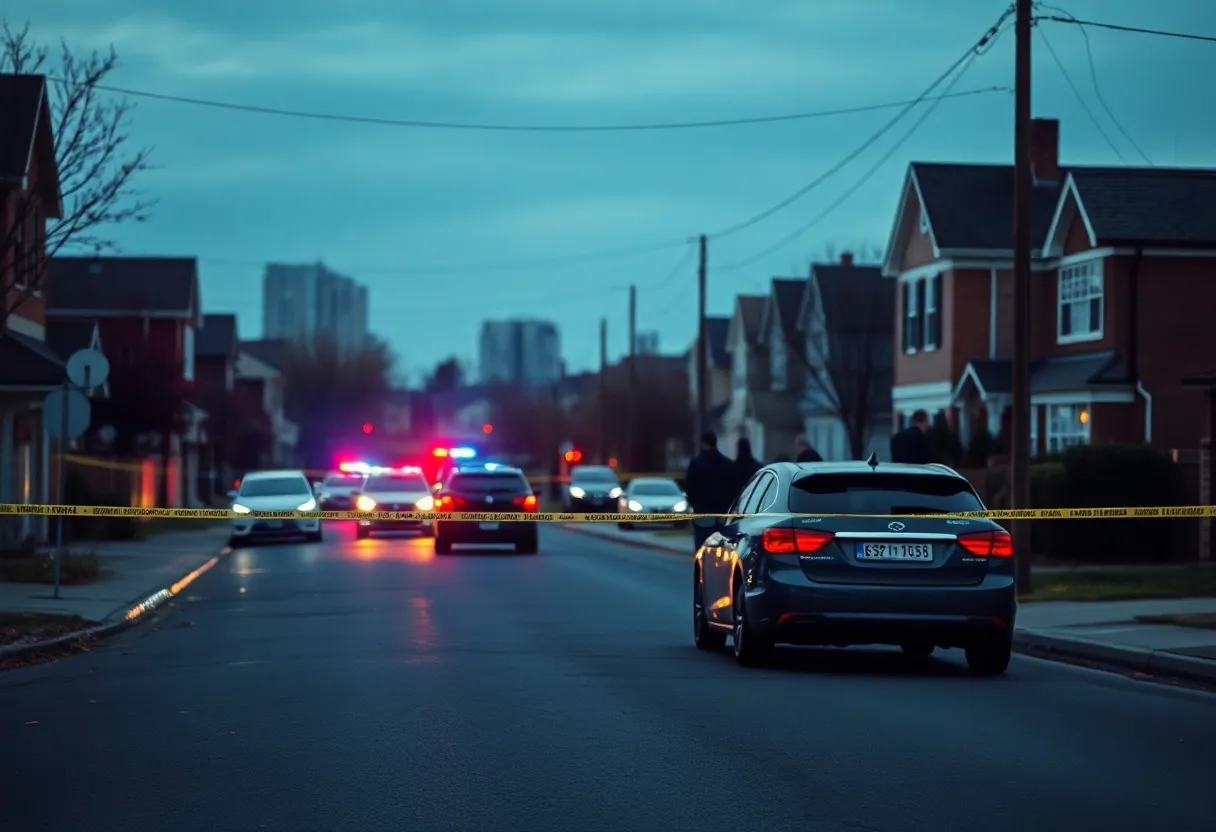 Police lights illuminating a residential street after a shooting incident